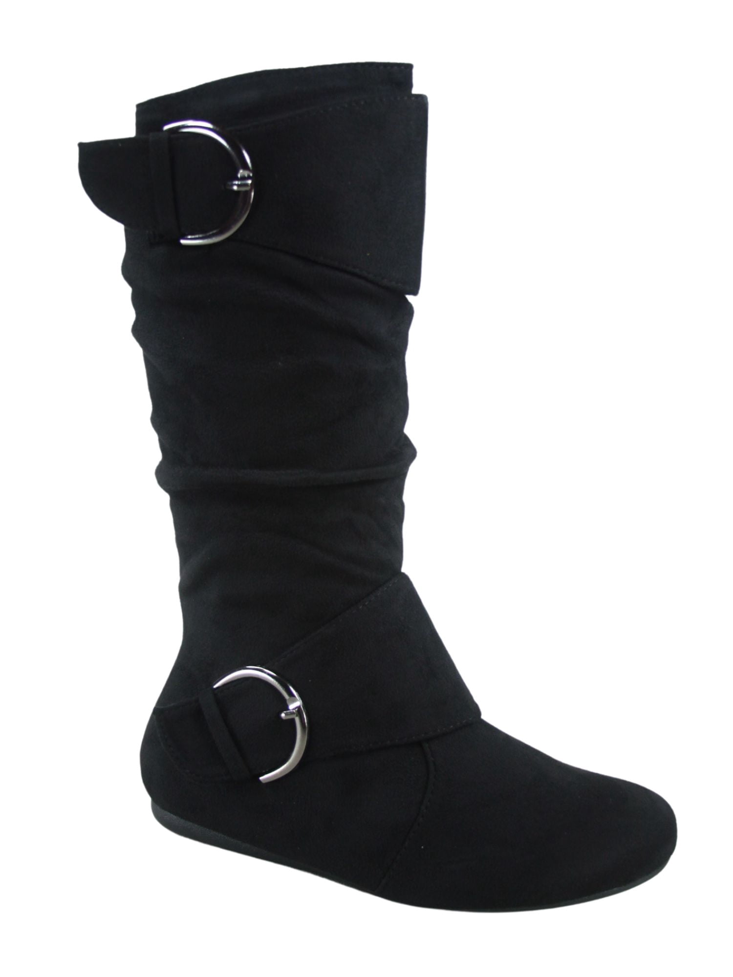 Bottes Mi-Mollet à Bout Rond pour Femmes Zone 70, Confort, Fermeture Éclair, Boucle, Style Plissé Décontracté, Talon Plat ( Noir, 9)
