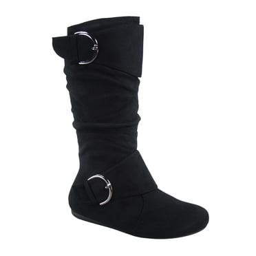 Bottes Mi-Mollet à Bout Rond pour Femmes Zone 70, Confort, Fermeture Éclair, Boucle, Style Plissé Décontracté, Talon Plat ( Noir, 9)