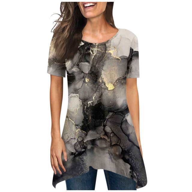 Hauts d'Été pour Femmes 2023 Coupe Ample Col Rond Manches Courtes T-Shirts T-Shirts Graphiques Étoiles et Rayures Blouses Décontractées et Confortables