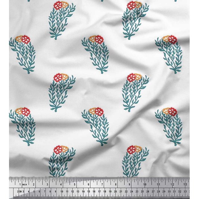 Soimoi Polyester Crepe Fabric Leaves & Floral Block Print Sewing Fabric Yard 52 Inch Wide