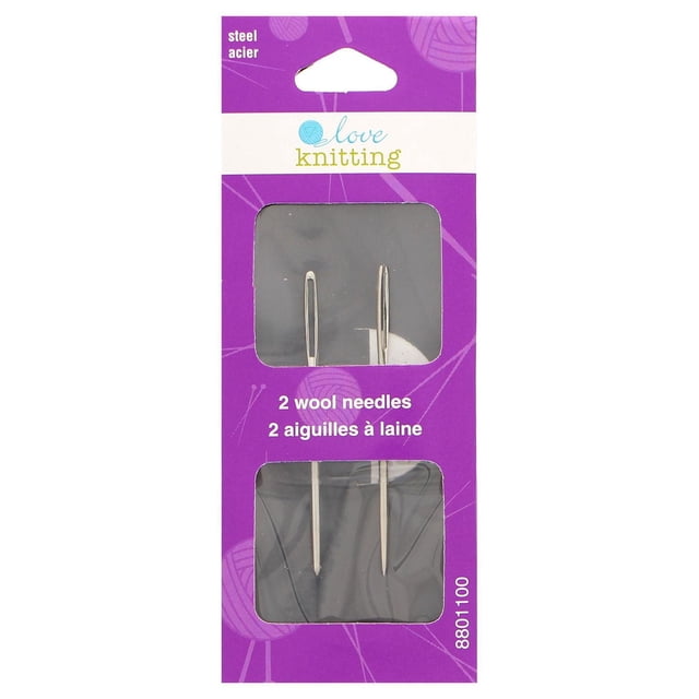 LOVE KNITTING Wool Needles – Steel, 2 pcs in purple packaging showing two large-eye blunt steel tapestry needles through clear windows, ideal for seaming, weaving ends, and duplicate stitch in knitting and crochet projects.