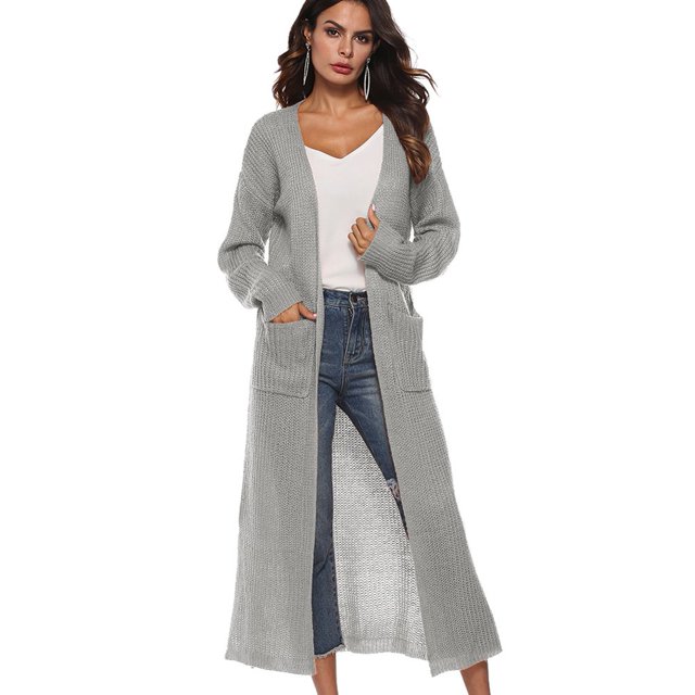 Long Solid Sweaters Knitting Long Sleeves Pockets Cardigan Sweater Female Cardigans Black XXL