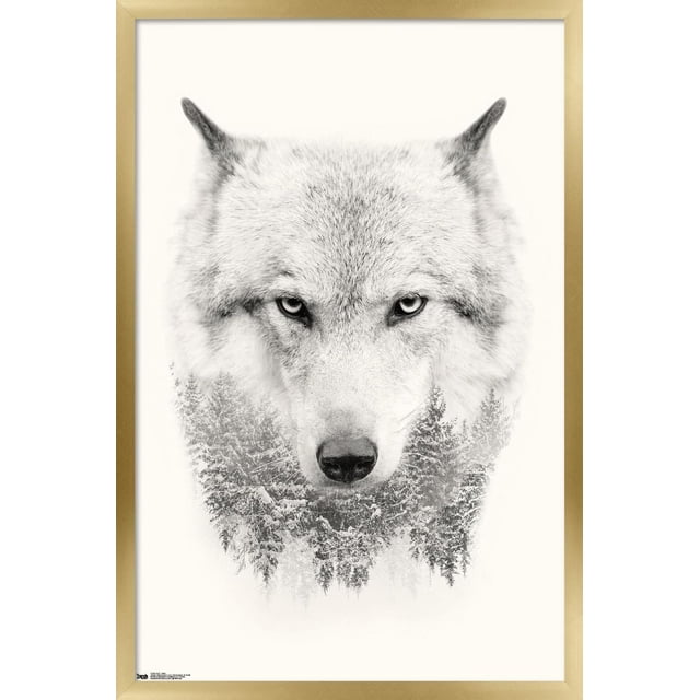 Wolf - Trees Wall Poster, 22.375" x 34" featuring a centered, front-facing wolf head with detailed fur and piercing eyes blending into a snowy evergreen forest at the base, printed on glossy satin finish poster paper with a light wood frame, suitable for wall art and room décor in bedrooms, offices, or dorms.
