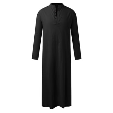 Ketyyh-chn99 Chemises Boutonnées Hommes Vêtements d'Automne Hommes Moyen Arabe Simple Long Peignoir à Boutons pour Hommes Peignoir à Manches Longues Peignoir Fendu sur le Côté Peignoir à Boutons avec Poche Noir, TG