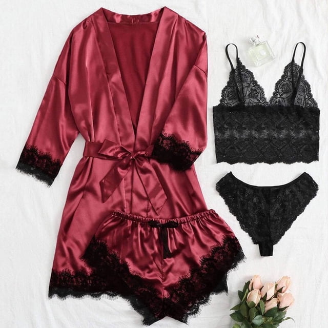LSLJS Women Lace Satin Wireless Bra Camisole Shorts Pajamas Robe Four Piece Set, Lingerie Sets