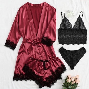 RKSTN Womens Lingeries Lace Satin Wireless Bra Camisole Shorts Pajamas Robe Four Piece Set Sexy Lingerie Bodysuit Plus Size Lingerie