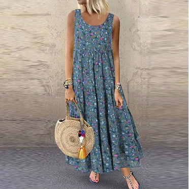 zanvin Robes d'Été pour Femmes à Col Rond Sans Manches Grande Taille Décontractées Amples Sans Manches Florales Quotidiennes en Lin Imprimé Longue Robe Maxi pour Fête Décontractée, Bleu