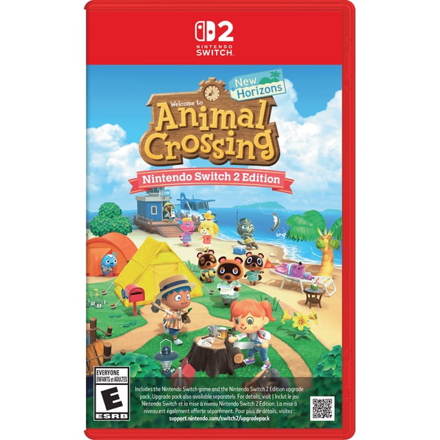 Animal CrossingTM : New Horizons Nintendo SwitchTM 2 Édition Couverture de Jeu Montrant des Villageois et des Joueurs d'Animaux de Dessin Animé sur une Île Colorée de Plage avec des Tentes, des Palmiers et l'Océan, Mettant en Valeur les Fonctionnalités du Système Nintendo Switch 2 et l'Évaluation ESRB pour Tous.