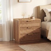BeesClover Fluted Nightstand with 3 Drawers, Wood Bedside Table, Modern End Table for Bedroom Living Room