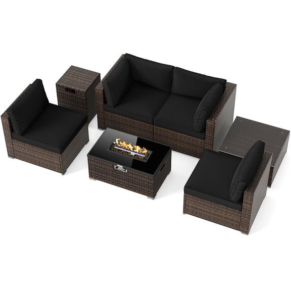 Gymax Ensemble de 7 Meubles de Patio Ensemble Table de Foyer au Gaz 40000 BTU Couvercle de Réservoir de Propane Table Noir