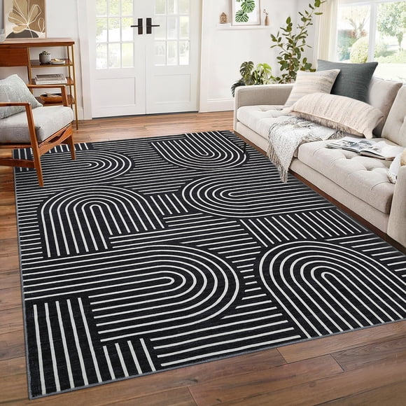 Garvee Tapis Moderne Abstrait 5'x7', Tapis à Rayures Arc-en-Ciel, Tapis Lavables avec Endos Antidérapant, Tapis de Sol Intérieur pour Salon Chambre Bureau à Domicile, Noir