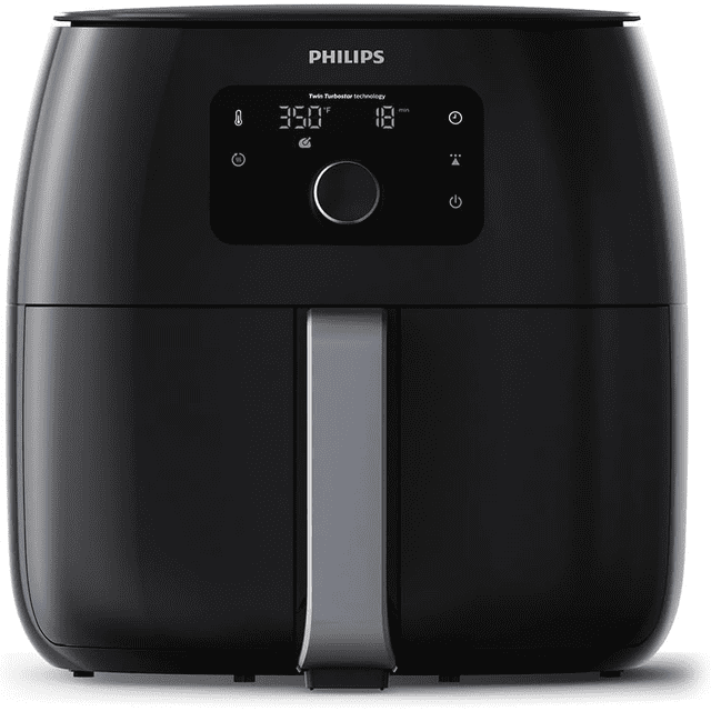Philips HD9650/96 Air Fryer XXL Twin Turbostar 1.4kg in black, designed for healthy cooking with fat removal technology and up to 90% less fat. Features a digital interface with preset cooking programs for frozen fries, meat, fish, and chicken, and a QuickControl dial for temperature and time settings. Large capacity serves up to 6 people, with dishwasher-safe parts for easy cleaning.