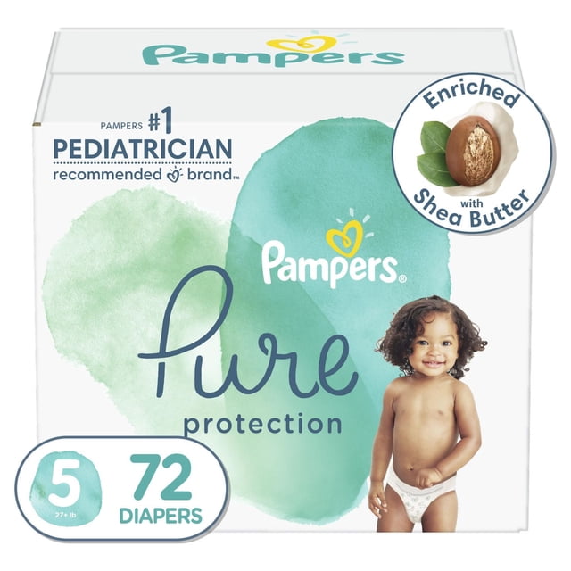 Pampers Pure Couches de Protection Super Économiques en Boîte avec un Tout-Petit Portant une Couche, avec Image de Marque Recommandée par un Pédiatre, Enrichies de Beurre de Karité, Taille 5 pour 27+ lb, Contenant 72 Couches, et un Arrière-Plan au design Aquarelle Vert Doux.