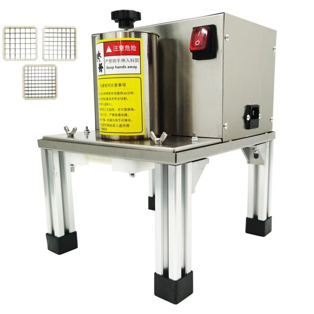 INTBUYING Electric Vegetable Fruit Dicer Commercial Dicing Machine with 4 Grid Blades 110V. The machine features a stainless steel body with a large 3-inch feeding port, a 250W motor, and four interchangeable grid blades for cutting vegetables and fruits into sizes of 8mm, 10mm, 12mm, and 15mm. It includes anti-slip legs for stability and safety features like a bilateral safety buckle and a press mechanism to avoid direct contact with the feeding port. Suitable for restaurants, canteens, and food factories.