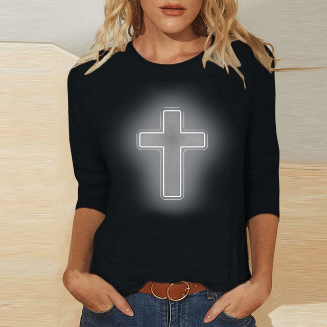 EGNMCR Easter T-Shirt Imprimé Femmes T-Shirts Graphiques Femmes Chemises Mode Femme Décontracté Noël Imprimé Col Rond Blouse Imprimée T-Shirt Manches 3/4 T-Shirt Blouses T-Shirts Femmes