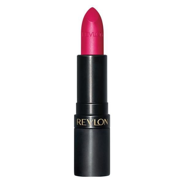 Revlon Super Lustrous™ Matte Lipstick in vibrant pink with a matte black tube and gold Revlon logo, featuring an embossed lipstick bullet and a smooth, velvety matte finish for comfortable, full-coverage lip colour.