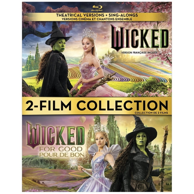 Wicked : For Good (Part 2) 2 Film Collection (Blu-Ray) Walmart Exclusive (2025) cover Mettant en Vedette Elphaba en costume de Sorcière Noire et Glinda en Robe Rose et Violette Étincelante avec Couronne, sur Fond de Paysages Oz Vibrants avec des Villes Émeraudes, Mettant en Vedette des versions Cinéma et des Chants-Agendas Incluant French language.
