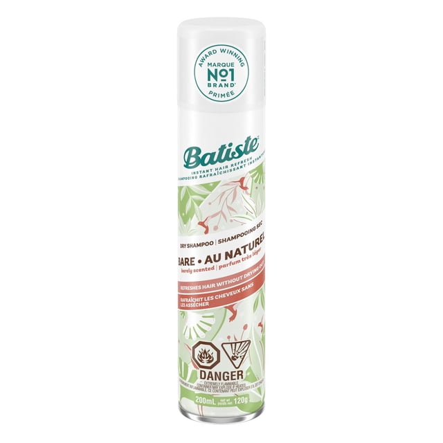 Batiste Dry Shampoo Spray, Bare Scent, 200-ml white aerosol can with green leaf pattern, labeled as Canada's #1 dry shampoo, refreshes hair by absorbing oil and adding texture without water, ideal for quick hair refresh and styling, with flammability and eye irritation warnings.