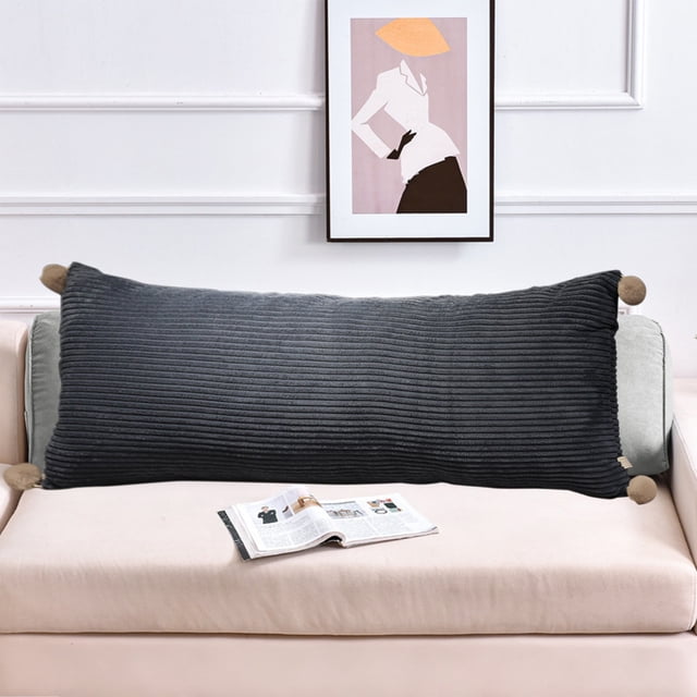 Meitianfacai Cool Body Pillows for Adults, extra-long shredded memory foam pillow with a blue polyester and spandex pillowcase, featuring a zipper closure. The pillow measures 60 cm (23.62 inches) in length and is designed for ultimate comfort and support. Displayed on a beige sofa in a modern living room setting with a framed artwork on the wall.