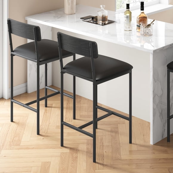 Bar Stools Set of 2, Kitchen Bar Stools with Footrest, 25.5" Upholstered Bar Chairs with Back, Counter Height Barstools for Counter Bar, Island, Easy Assembly, Rustic Black