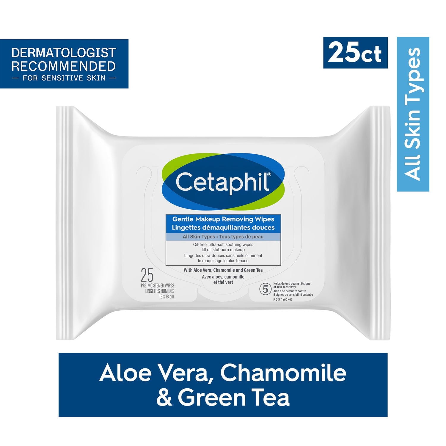 Cetaphil Lingettes Démaquillantes Douces | Avec Aloe Vera, Camomille et Thé Vert | Pour Peau Sensible | Sans Parfum