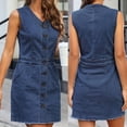 thumbnail image 2 of Robe Longue pour Femmes Mode d'Été pour Femmes Sans Manches à Col en V Longueur Genou Robe en Denim Unie à Boutons, 2 of 8