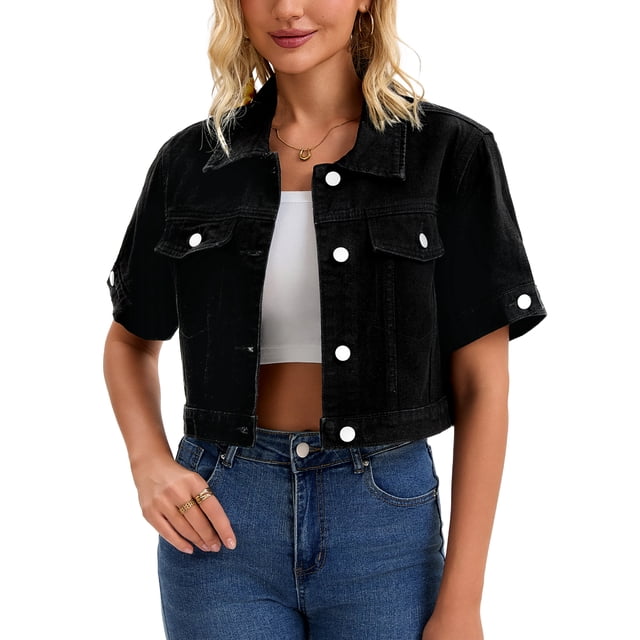 INSPIRE CHIC Women's Denim Cropped Short Sleeve Button Up Frayed Washed Jean Jacket Black L