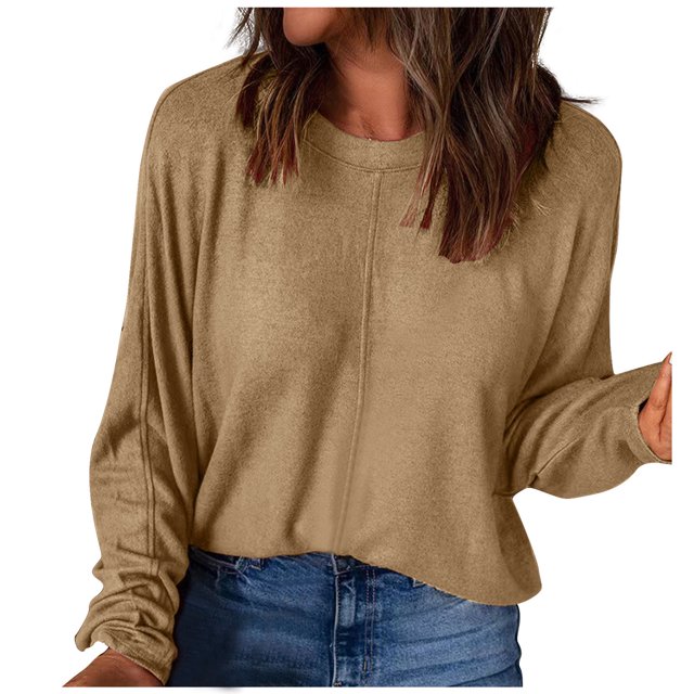 Yuyuzo Hauts Grande Taille pour Femmes Chic Mode Décontracté Couleur Unie Chemises de Bas Manches Longues Col Rond Hauts