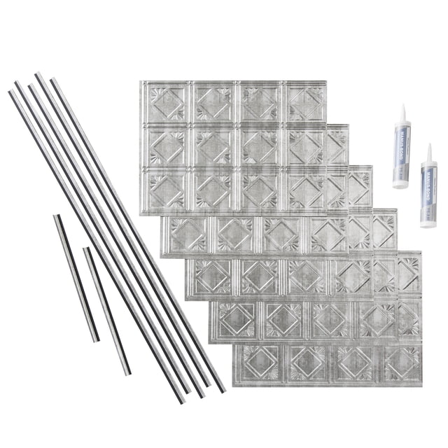 Fasade Traditional Style 4 Vinyl Backsplash Kit 15 sq ft Crosshatch Silver