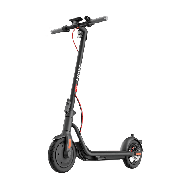 NAVEE V50i Pro adult electric scooter in black, designed for urban commuting with a maximum speed of 20 mph and a range of up to 31 miles. Features a durable frame, 10-inch pneumatic tires, front EABS, and rear disc brakes for reliable stopping power. Includes a manual, adapter, T-wrench, and screws.
