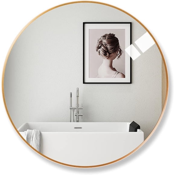 50cm Large Modern Round Mirror Gold Copper Brushed Frame Wall Mirror Metal Framed HD Glass Wall Mirror for Makeup Bathroom Living Room