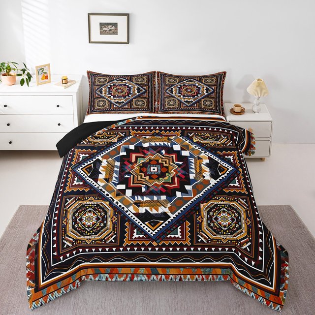 Western Comforter Set Bohemian Geometry King Bedding Set,Southwestern Aztec Bed Set Vintage Exotic Diamond Quilt Set,Retro Geometric Boho Decor
