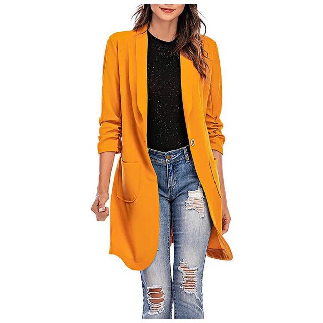 CEHVOM Women Button Pockets Three Quarter Sleeve Solid Office Coat Cardigans Suit Jacket Long Outwear