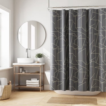 Mainstays Blue Print Geometric Decorative Fabric Shower Curtain, 70" x 72", Gold on Grey