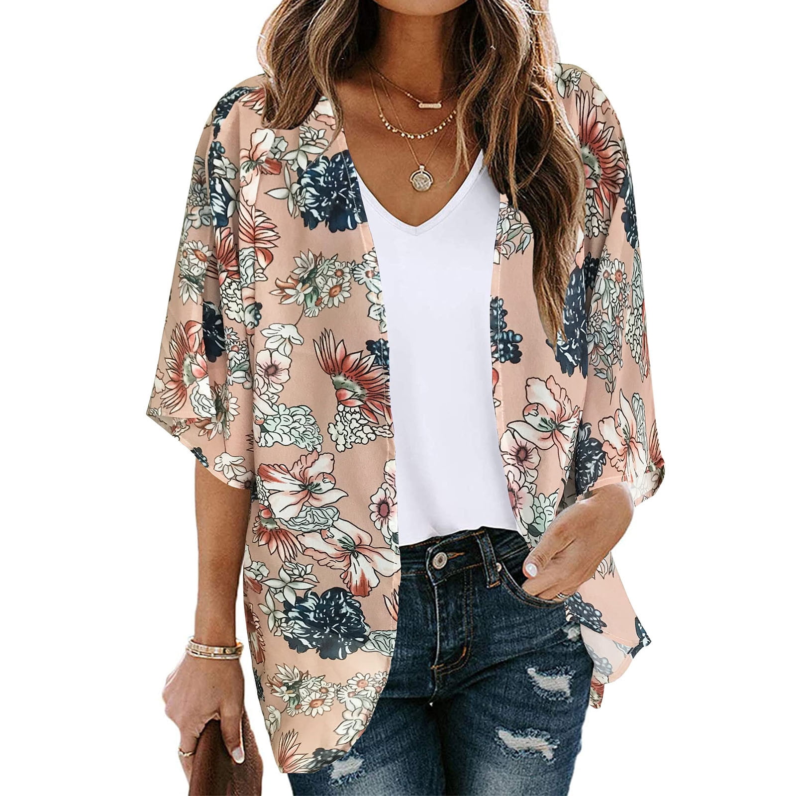 jsaierl Women's Chiffon Boho Kimono Cardigans Casual Loose Open Front Cover Ups