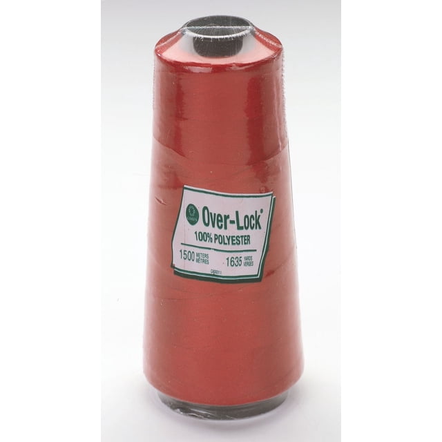 Coats Over-Lock Polyester Thread spool in red wrapped in clear plastic with a label showing 100% polyester and 1500 meters (1635 yards) length, ideal for high-speed sewing and even strength, often used for overlock and serging stitches.
