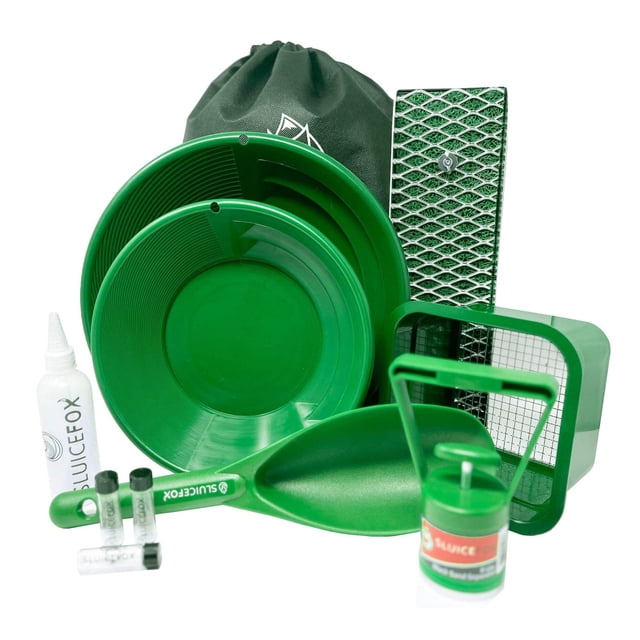 Sluice Fox All-in-One Gold Panning Kit with Portable Sluice in green, featuring a miners moss, gold trap mat, classifier, and tote backpack. Includes green gold pans, a scoop, a classifier screen, a portable sluice box, and small accessory bottles for streamlined gold prospecting.