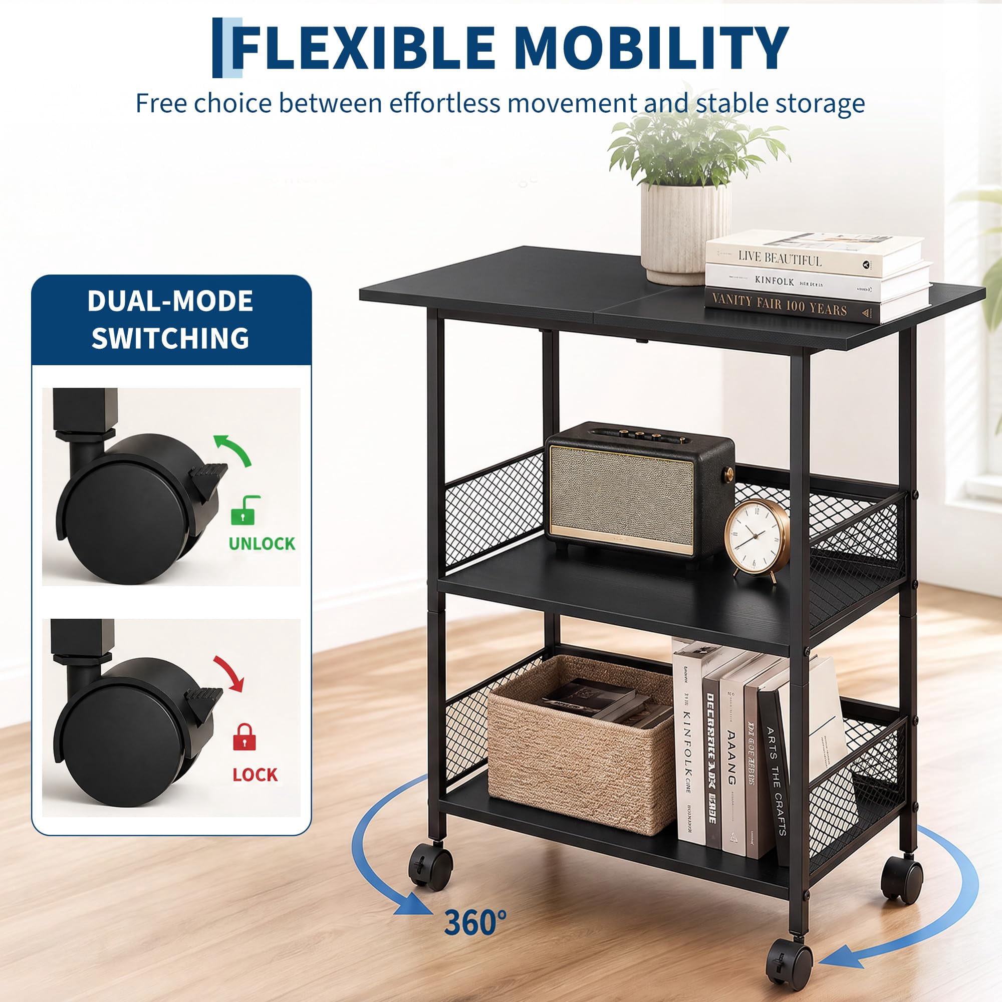 GOGRANT 3-Tier Mobile Utility Cart, Heavy Duty Rolling Storage Stand with Lockable Casters, Industrial Embossed MDF Shelves for Office Printer Stand, Kitchen, Classroom