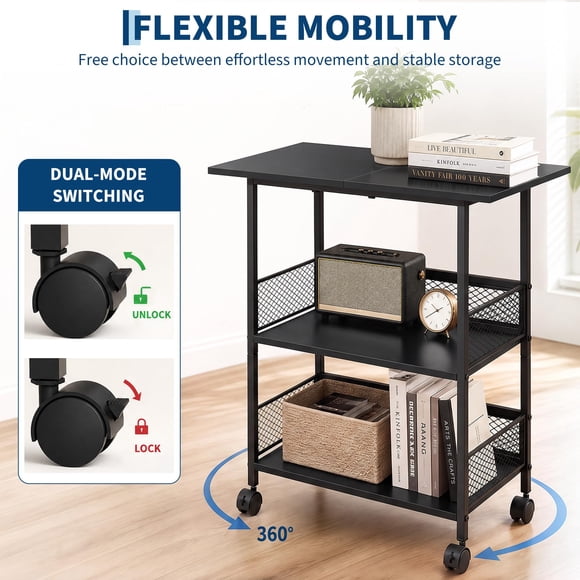 GOGRANT 3-Tier Mobile Utility Cart, Heavy Duty Rolling Storage Stand with Lockable Casters, Industrial Embossed MDF Shelves for Office Printer Stand, Kitchen, Classroom