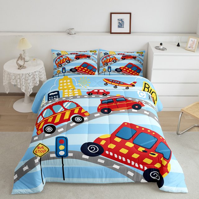 Erosebridal Ensemble de Couette Simple à Motif d'Autobus Cartoon, Couette en Duvet Ligne de Circulation, Déco de Véhicule Automobile, Réversible 2 Pcs