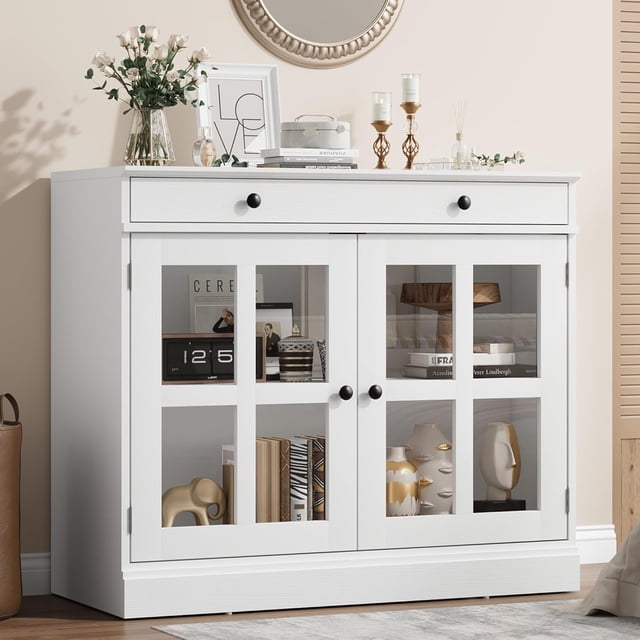 Bingirl 35.4-Inch White Sideboard Buffet Cabinet with Glass Door, Drawer, and Storage for Dining Room and Kitchen