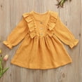 thumbnail image 2 of Splozh Flower Girls Dress Toddler Kids Baby Girl Solid Linen Button Ruffle Party Dress Clothes Yellow,2-3 Years, 2 of 5