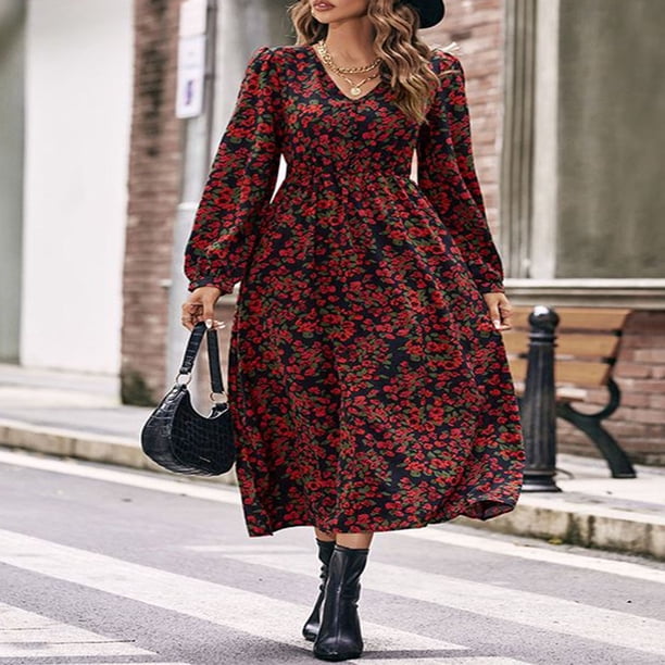 Women Long Dress Elegant Long Sleeve V-neck Floral Fall Casual Dress