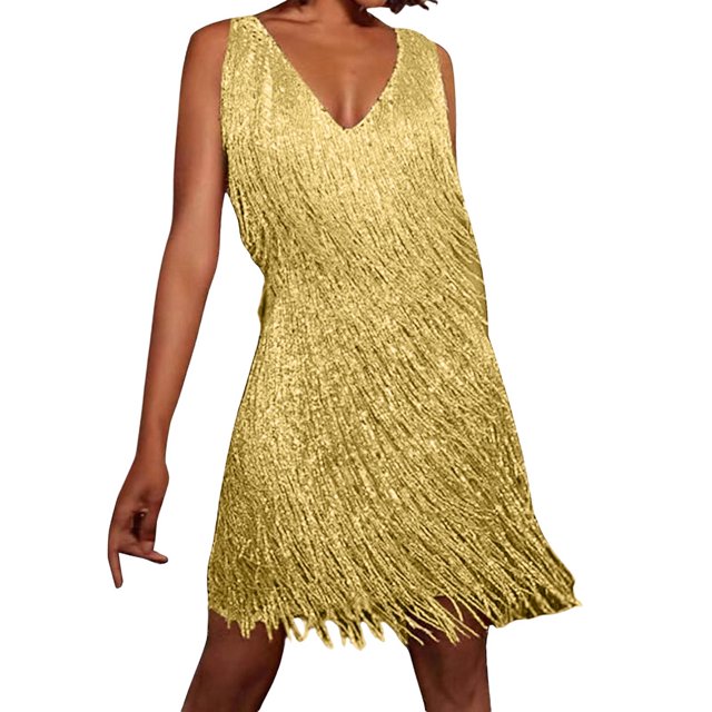 Robe à Franges 2025 Ocre Disco Été Robes de Travail Robe Années 70 Femme Robe d'Été Années 1920 Longueur Genou Mini