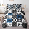 thumbnail image 1 of Dirt Bike 7Pcs Comforter Set Queen Black Grey Blue Motocross Rider Bedding Set Kids Boys Teens Men Bedroom Racing Patchwork Grid Fitted + Flat Sheet Fashion Motorcycle Silhouette 2 Pillow Cover, 1 of 1