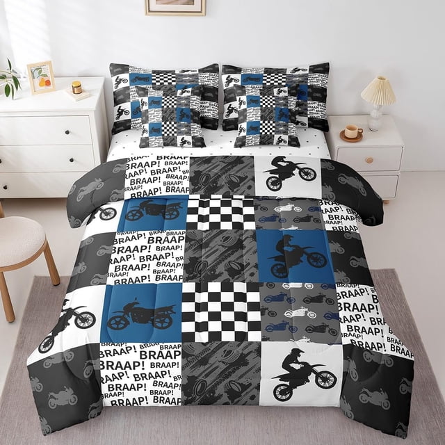 Dirt Bike 7Pcs Comforter Set Queen Black Grey Blue Motocross Rider Bedding Set Kids Boys Teens Men Bedroom Racing Patchwork Grid Fitted + Flat Sheet Fashion Motorcycle Silhouette 2 Pillow Cover