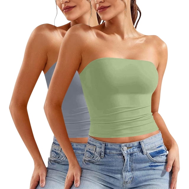 ZACPNCV 2PC Women's Shapewear Tube Tops Strapless Ruched Built-in Shelf Bra Casual Light Blue M