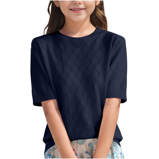 T-Shirts pour Filles Coupe Ample Col Rond Basique Blouses d'Été pour Enfants 6-14 Ans