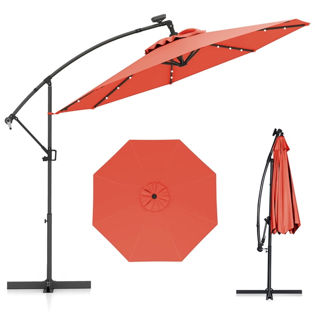 Gymax 10Ft Offset Hanging Umbrella Patio Outdoor w/ 32 Solar LED Lights Orange