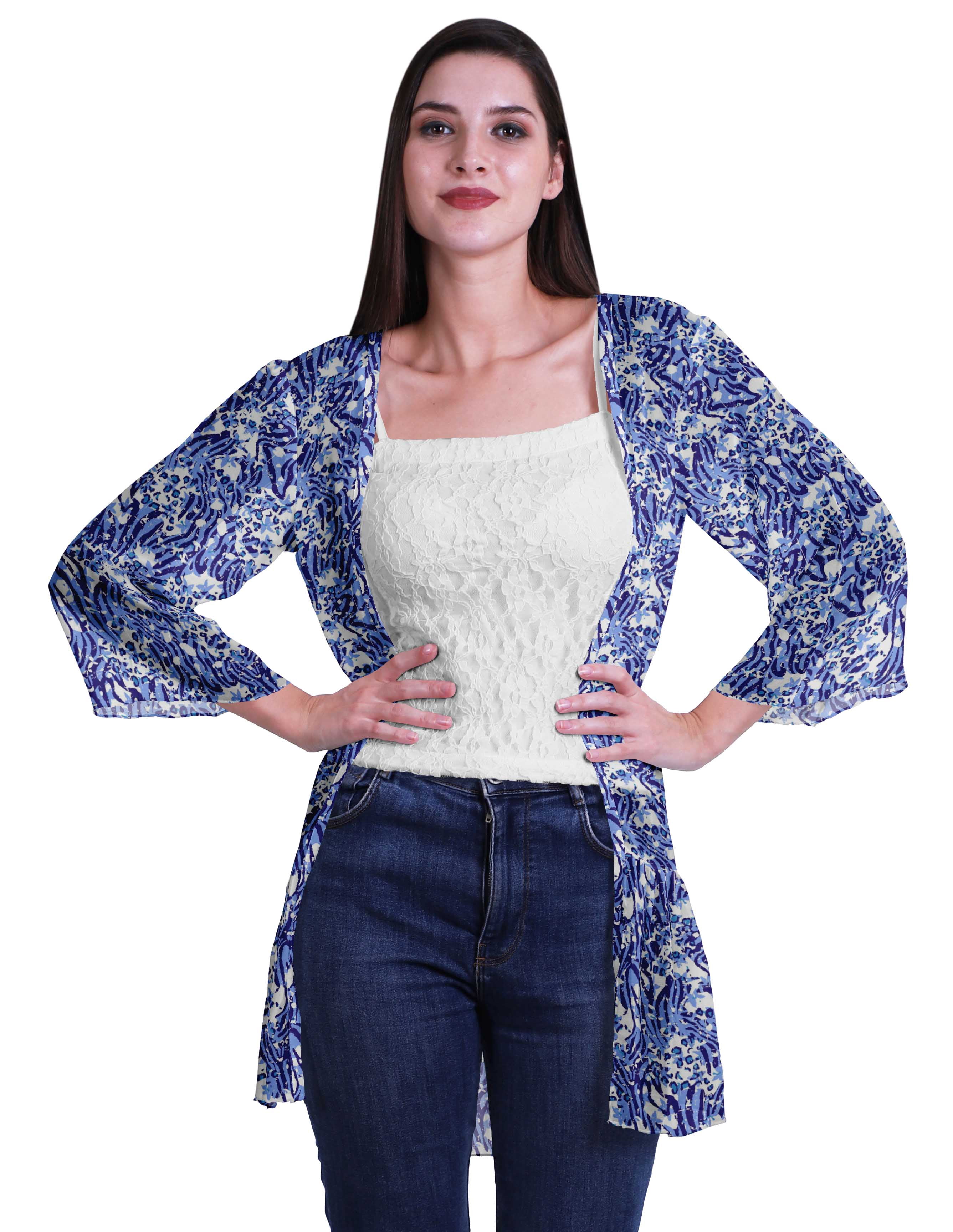 Moomaya Printed Georgette Beach Clothes For Women Short Shrug Cover Up Cardigan